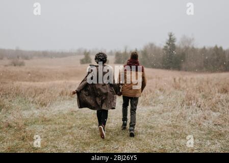 Rückansicht eines Paares, das die Hände hält, die in eine winterliche ländliche Landschaft gehen. Stockfoto