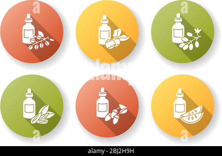 Haar Öle flaches Design lange Schatten Glyphe Symbole gesetzt. Jojoba Inhaltsstoff für Kosmetik-Produkt. Kalahari Melone Extrakt. Dermatologische Behandlung mit natürlichen Stock Vektor