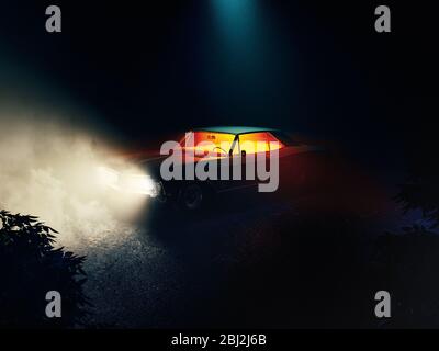Das Auto im Schatten mit glühenden Lichtern bei schwachem Licht, nebelverhangenen Konzept. 3d-Rendering Stockfoto