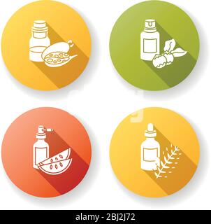 Haar Öle flaches Design lange Schatten Glyphe Symbole gesetzt. Natürlicher Baobab-Frucht-Extrakt. Reife kalahari Melonenscheiben. Hydrolysiertes Weizenprotein Kräuter für Stock Vektor