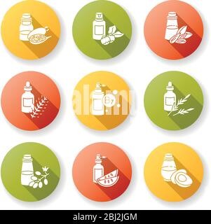 Haar Öle flaches Design lange Schatten Glyphe Symbole gesetzt. Baobab kosmetische Maske in Glas-Paket. Mandelextrakt für die Haarpflege. Behandlung von Traubenkernserum Stock Vektor