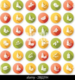 Haar Öle flaches Design lange Schatten Glyphe Symbole gesetzt. Avocado natürliche Essenz. Exotischer Baobab-Extrakt für die Haarpflege. Jojobaöl. Antistatische Kosmetik Stock Vektor