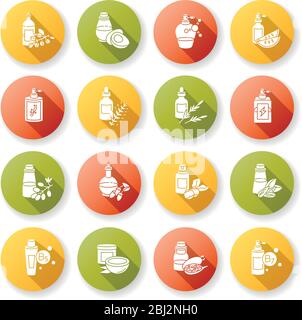 Haar Öle flaches Design lange Schatten Glyphe Symbole gesetzt. Hydrolysiertes Weizenprotein kosmetisches Produkt. Mandelextrakt für die Haarpflege. Arganöl zur Ernährung Stock Vektor