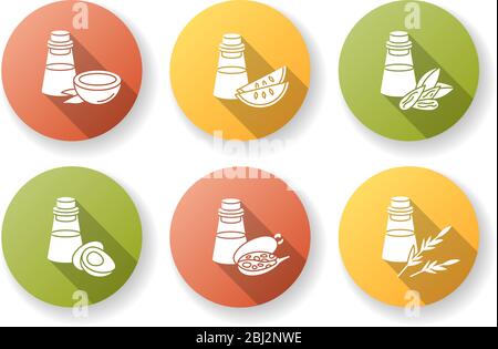 Haar Öle flaches Design lange Schatten Glyphe Symbole gesetzt. Avocado und Rosmarin Beauty-Produkt. Kalahari Melone Samen Essenz in Glas. Kokosöl in Stock Vektor