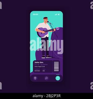 Konzert Tickets Buchung Anwendung Smartphone Schnittstelle Vektor-Vorlage. Mobile App Seite dunkles Design Layout. Bildschirm „Leistungsdetails“. Flache Benutzeroberfläche für Stock Vektor