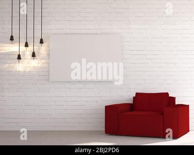 3d-Rendering neuer konzeptueller Innenraum mit Mock-up-Muster und rotem Sessel Stockfoto