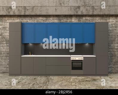 3d-Rendering der neuen Loft-Küche Interieur mit Backsteinwänden Stockfoto