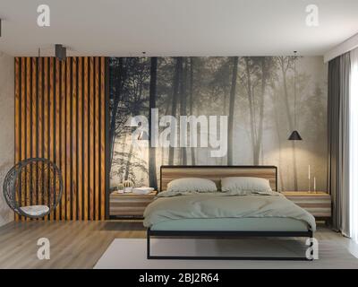 3d-Rendering von neuen geheimnisvollen Loft-Interieur mit Holzbohlen. Schlafzimmer Idee Stockfoto