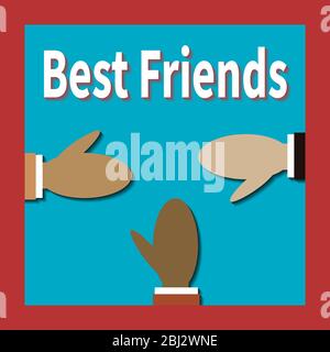 Drei Freunde verschiedener Rassen grüßen einander. Beste Freunde. Verschiedene Farben Menschen halten die Hände zueinander. Symbol der Freundschaft, gute inte Stock Vektor