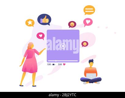 Cartoon-Symbol mit Social-Media-Marketing-Business-Wohnung für Konzept-Design mit Figuren. Infografik-Vorlage im modernen Stil. Video mit Likes und Lächeln Icon Vektor isoliert Metapher Illustration. Stock Vektor