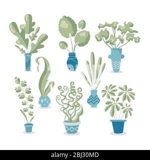 Set von 8 verschiedenen Hauspflanzen in Töpfen. Altmodische Farben in flachem, modernem Stil. Handgefertigte Zeichnungen auf weißem Hintergrund isoliert. Stock Vektor