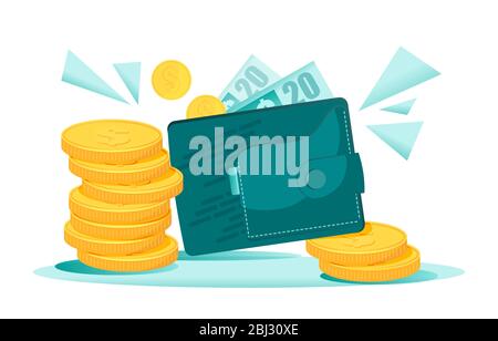 Geldbündel fallen auf die Brieftasche mit Dollar. Goldene Münzen sind vergrößert und symbolisieren Reichtümer und rick. Isolierte flache Vektorgrafik Stock Vektor