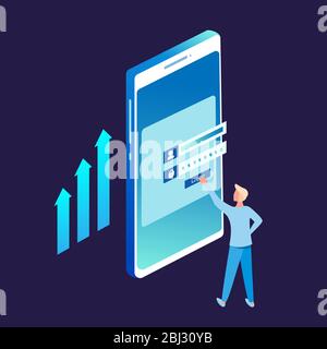 Registrierungsformular oder Benutzerschnittstelle für die Anmeldung. Ein Mann steht vor eingegebenen gesicherten Daten. Ein großer mobiler Bildschirm ist voller einfacher Infografik-Elemente. Stock Vektor