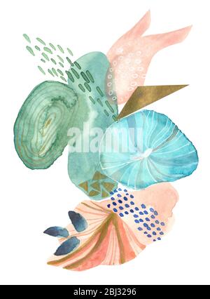 Aquarell abstrakte Formen mit goldenen Elementen Streifen oder Punkte in Pastellfarben Stockfoto
