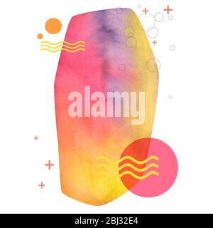 Bunte geometrische Aquarell Form mit Wellen Kreise und Plusse und isoliert auf weißem Hintergrund verziert Stockfoto