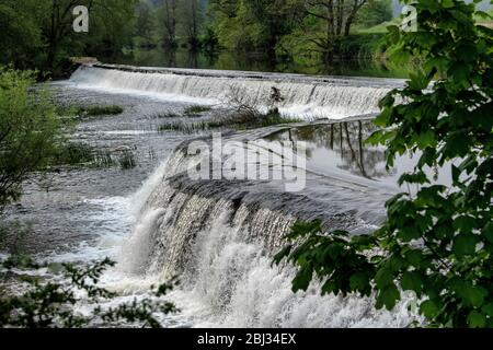 Warleigh Weir am Fluss Avon in Somerset, in der Nähe von Bath im Frühling. Stockfoto