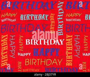 Bunte Happy Birthday wellige Schrift Text auf rotem Hintergrund, Gender neutral, Party-Feier, besondere Lebensereignis Stockfoto