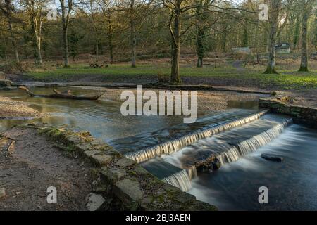 Blackpool Brook Wehr im Wenchford Picknickbereich im Forest of Dean in Gloucestershire. Stockfoto