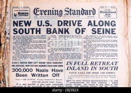 "New U.S. Drive along South Bank of seine" Paris Evening Standard WW2 Zeitung Schlagzeile 22 August 1944 London England Großbritannien Stockfoto