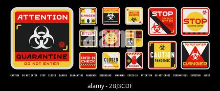 Set von Coronavirus Covid-19 Quarantäne Biohazard Warnung und Verbotszeichen. Schwarz, rot und gelb detailreiches Design. Epidemie und Pandemie warnen Stock Vektor