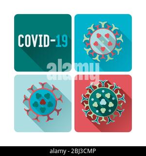 Vektor-Illustration Konzept der COVID-19 Coronavirus-Infektion mit langem Schatten. Bunte flache stilisierte Virus-Symbole. Stock Vektor