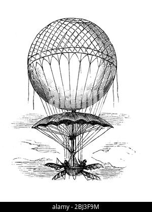 Blanchard Heißhaarballon mit Fallschirm zum sicheren Abspringen, 1785 Stockfoto