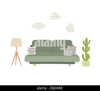 Wohnzimmer mit grauem Sofa, Kissen, Pflanzen und Fackeldecke. Stock Vektor