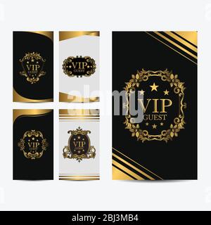 VIP Party Premium Einladungskarte mit luxuriösem Gold-Design. Schwarz und goldene Designvorlage. Dekorativer Hintergrund mit Ornamentmuster Stock Vektor