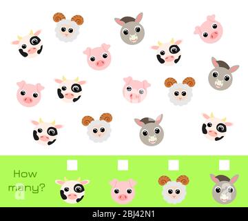 Zählen Spiel für Kinder mit Bildern. Lernspiel für Kinder und Kleinkinder im Vorschulalter. Entwicklungsaktivität für Kinder im Vorschulalter Stock Vektor