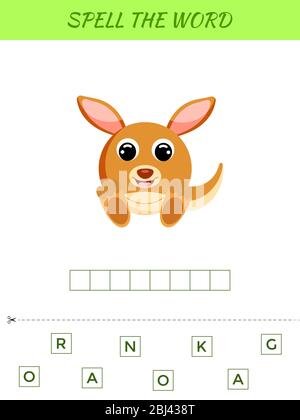 Rechtschreibung Wort Scramble Spiel Vorlage. Pädagogische Aktivität für Kinder im Vorschulalter und Kleinkinder mit niedlichem Känguru. Abbildung des flachen Vektorbestands. Stock Vektor