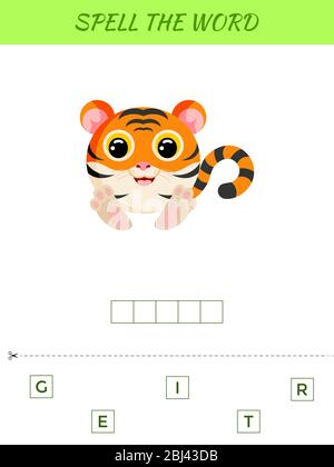 Rechtschreibung Wort Scramble Spiel Vorlage. Pädagogische Aktivität für Kinder im Vorschulalter und Kleinkinder mit niedlichen Tiger. Abbildung des flachen Vektorbestands. Stock Vektor