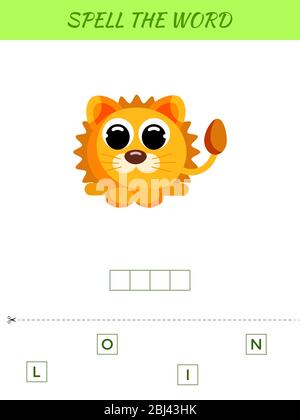 Rechtschreibung Wort Scramble Spiel Vorlage. Pädagogische Aktivität für Kinder im Vorschulalter und Kleinkinder mit niedlichen Löwen. Abbildung des flachen Vektorbestands. Stock Vektor