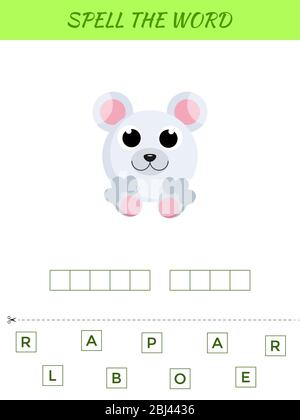 Rechtschreibung Wort Scramble Spiel Vorlage. Pädagogische Aktivität für Kinder im Vorschulalter und Kleinkinder mit niedlichen Eisbären. Abbildung des flachen Vektorbestands. Stock Vektor