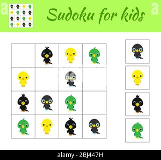 Sudoku Spiel für Kinder mit Bildern. Kinder Aktivitätenblatt. Lernspiel für Kinder und Kleinkinder im Vorschulalter. Set von niedlichen Cartoon Tiere. Stock Vektor
