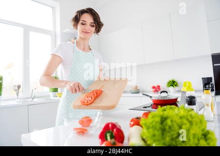 Foto von schönen Hausfrau Dame setzen Tomatenscheiben aus Holz in Glasplatte genießen Sie morgens Kochen leckeren Salat Vorbereitung tragen Schürze t Stockfoto