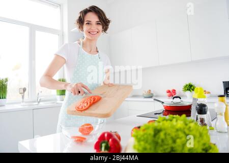 Foto von Hausfrau Attraktive Dame Arme setzen Tomatenscheiben in transparente Glasplatte genießen Sie morgens Kochen leckeren Salat Vorbereitung tragen Schürze t Stockfoto