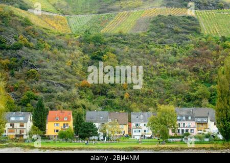 Mittelrhein landschaftlich reizvolle Kreuzfahrt- Riverside Häuser und Gebäude, St. Goar, Rheinland-Pfalz, Deutschland Stockfoto