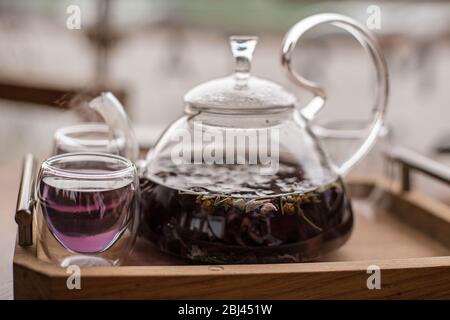 Der violette florale Kräutertee wird vom Brauer in die Tasse gegossen. Stockfoto