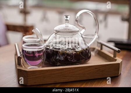 Der violette florale Kräutertee wird vom Brauer in die Tasse gegossen. Stockfoto