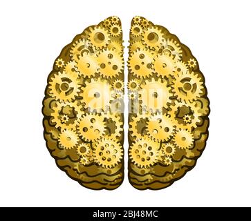 Vektor Mechanisches Menschliches Gehirn. Gehirnhälften, Konvolutionen Des Geistes Gehirn. Gold Metall Zahnräder Und Zahnräder, Prozess Des Denkens Und Findens Stock Vektor