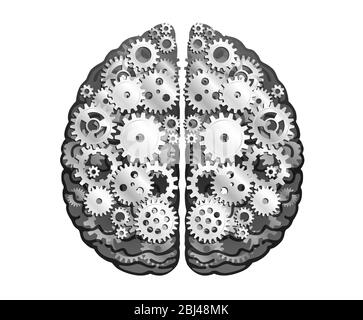 Vektor Mechanisches Menschliches Gehirn. Zahnräder Und Zahnräder Aus Silbermetall. Gehirnhälften, Konvolutionen Des Geistes Gehirn. Prozess Des Denkens Und Findin Stock Vektor