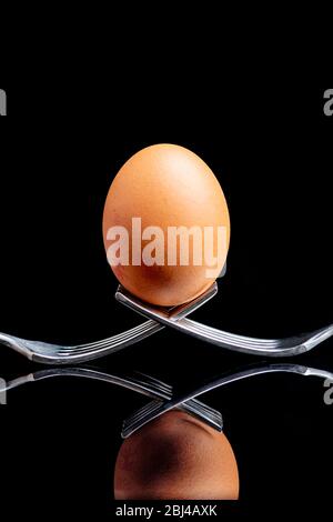 Eier balancieren auf zwei Gabeln, ausgewogene Ernährung Konzept Stockfoto