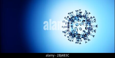 3D-Rendering: Corona-Virus - Schematische Darstellung eines Virus der Corona-Familie in transparenter Darstellung auf blauem Hintergrund. Extra breites Bild als Header-Backgro zu verwenden Stockfoto