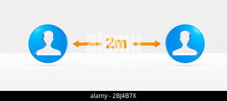 3d Render: Soziales Distanzierungskonzept im metrischen System - 2m Sicherheitszone zwischen Menschen Stockfoto
