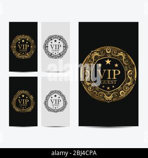 VIP Party Premium Einladungskarte mit luxuriösem Gold-Design. Schwarz und goldene Designvorlage. Dekorativer Hintergrund mit Ornamentmuster Stock Vektor