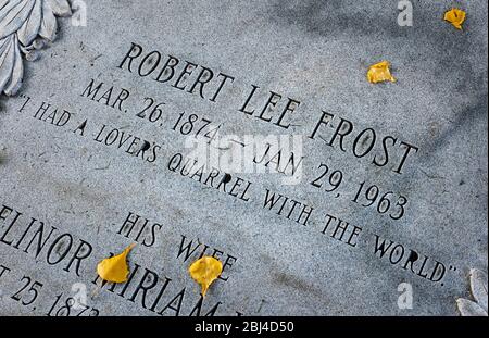 Grabmarker des amerikanischen Dichters Robert Frost. Stockfoto