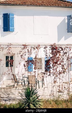 Ein Innenhof vor einem weißen Haus mit blauen Fensterläden in den Fenstern, ein Tisch mit Stühlen im Pavillon und hängenden Weinreben von roten Blättern an der Rebe Stockfoto