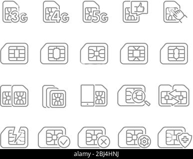 Satz von SIM-Karten-Leitungssymbolen. 3G, 4G, 5G - Netz, mobiles Internet, EMV-Chip, Karten-Slot, Telefon-Chip und vieles mehr. Stock Vektor