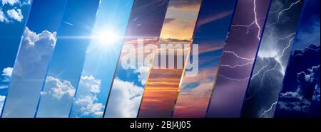 Wettervorhersage Hintergrund, Klimawandel Konzept, Collage von Himmel Bild mit Vielfalt Wetterbedingungen - helle Sonne und blauer Himmel, dunkel stürmischer Himmel w Stockfoto