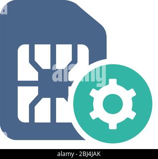 SIM-Karte mit Symbol für flaches Zahnrad. Handysteckplatz, Symbol für technische Telefonkarte Stock Vektor